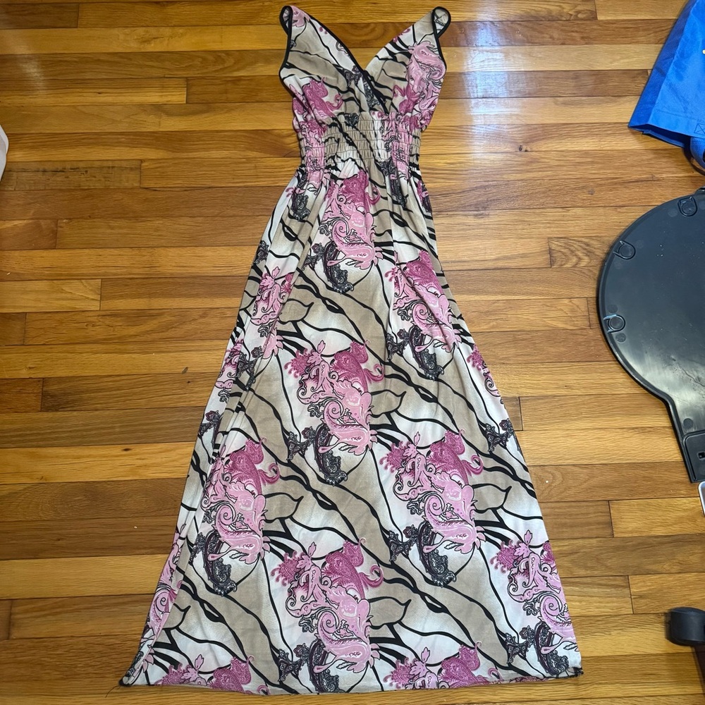y2k tricia patterson riveria silk maxi dress with pink and black details